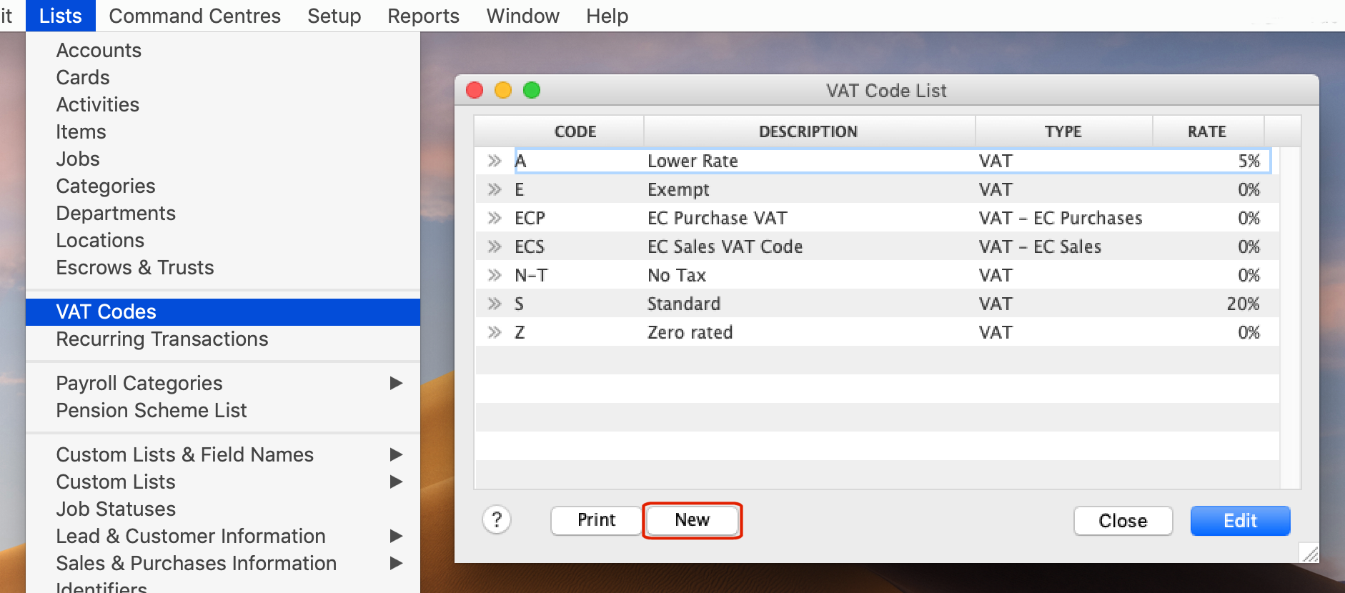 VAT Code List