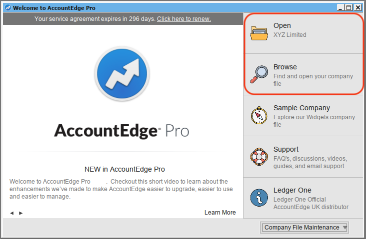 AccountEdge Welcome Window